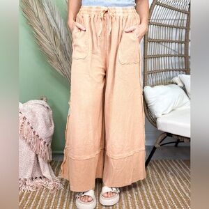 Relaxed Peach Palazzo Terry Knit  Wide-Leg Pull-On Pants